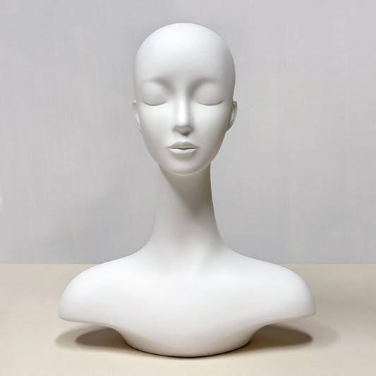 DE-LIANG Luxury Matte White Fiberglass Female Head Mannequin with Optional Metal Base for Jewelry Display Hat Wigs Dsipaly
