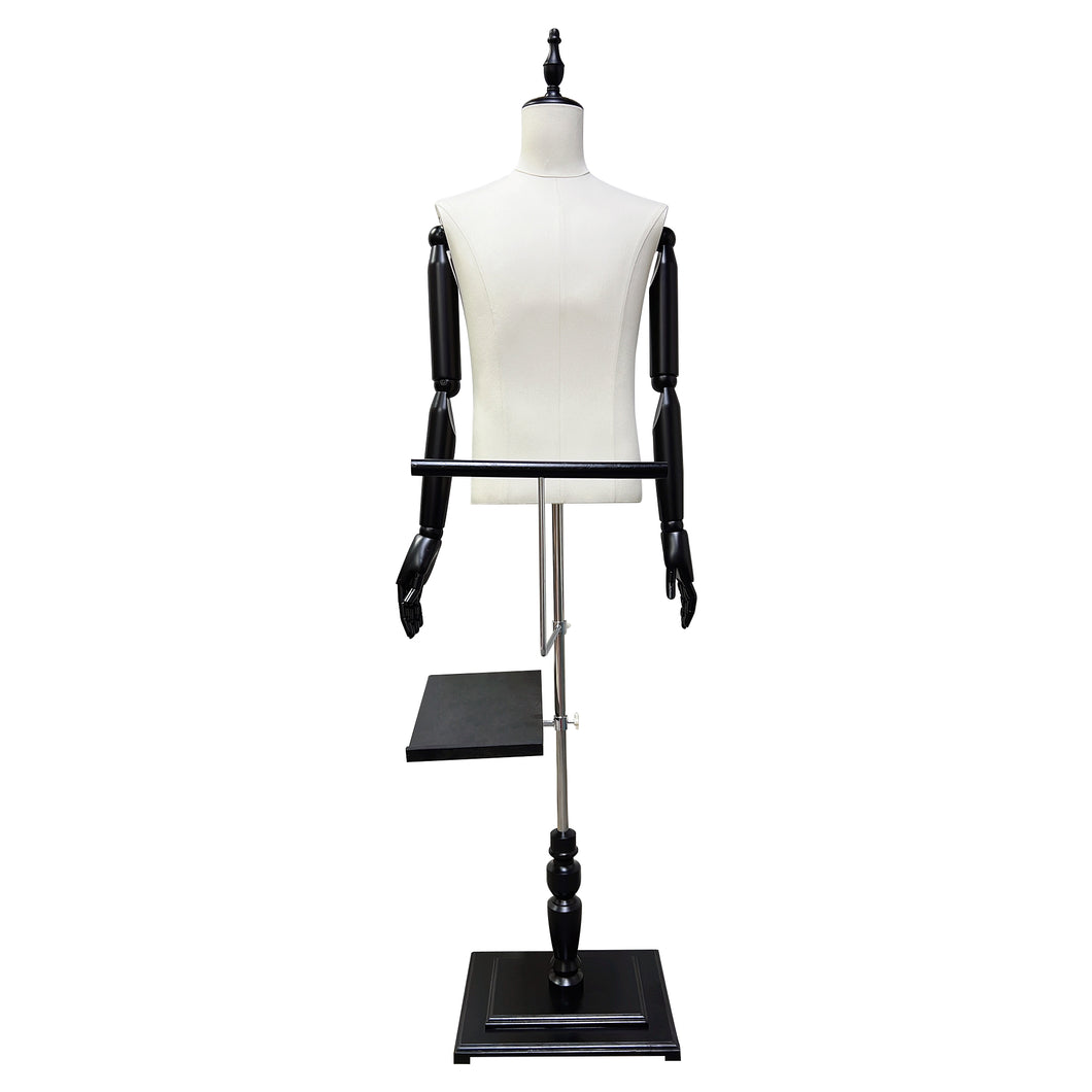 Male half body adjustable height fabric mannequin, window display rack adult men torso, dress form for clothes display with Shoes Rackd DLMH340-LINEN-BEIGE