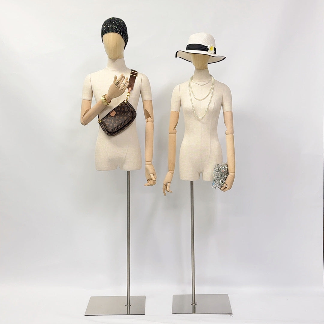 Luxury Female Male Dress Form, Linen Display Mannequin with Wooden Head Model for Fashion Cloth Dressmaker Dummy. Square Silver Base DE-LIANG