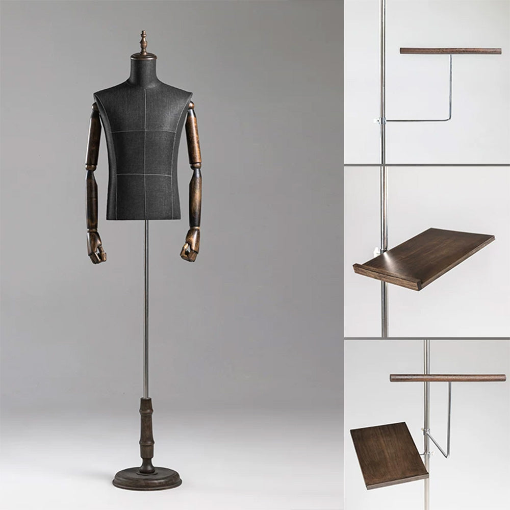 DE-LIANG Male Half Body Mannequin | Poseable Wood Arms Suit Display Dress Form