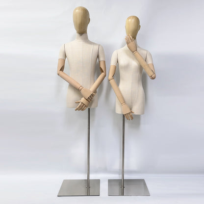 Luxury Female Male Dress Form, Linen Display Mannequin with Wooden Head Model for Fashion Cloth Dressmaker Dummy. Square Silver Base DE-LIANG