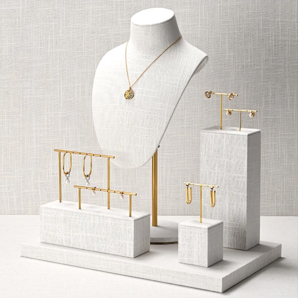 Elegant Linen Bust Form Display set, Necklace Bust, Jewelry Display, Linen Mannequin Display, Earrings display rack, Rings Tray display rack
