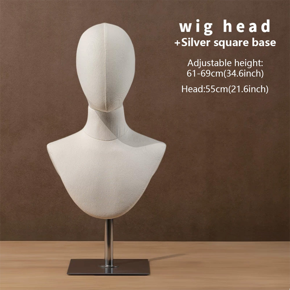 DE-LIANG Linen Mannequin Head Stand for Wigs Hats Scarves Display with Adjustable Base