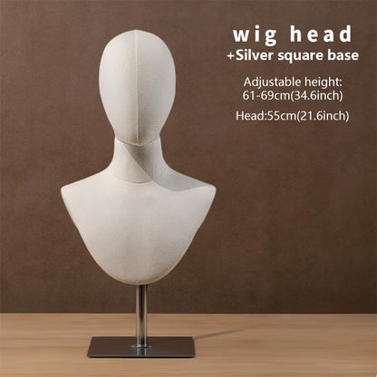DE-LIANG Linen Mannequin Head Stand for Wigs Hats Scarves Display with Adjustable Base