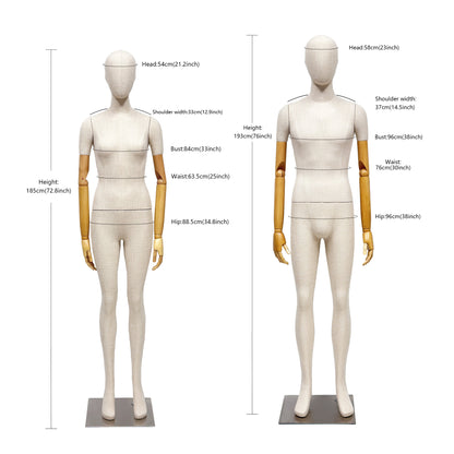 Luxury Female Male Full Body Bamboo Beige Linen Display Mannequin with Fiberglass Short Arms Maniquin Vintage,Jewelry bust display 1 pcs