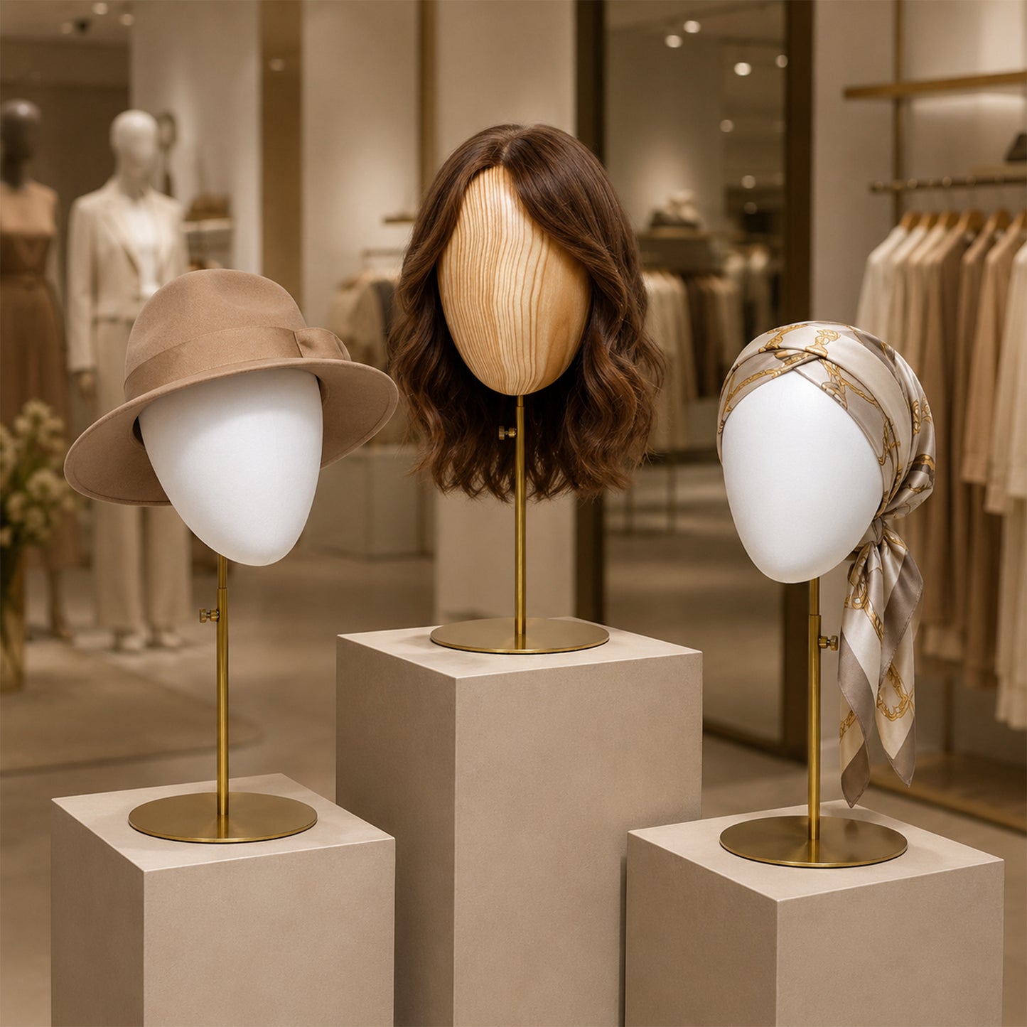 DE-LIANG Fiberglass Mannequin Head Stand for Hats & Wigs | Wood Grain & White