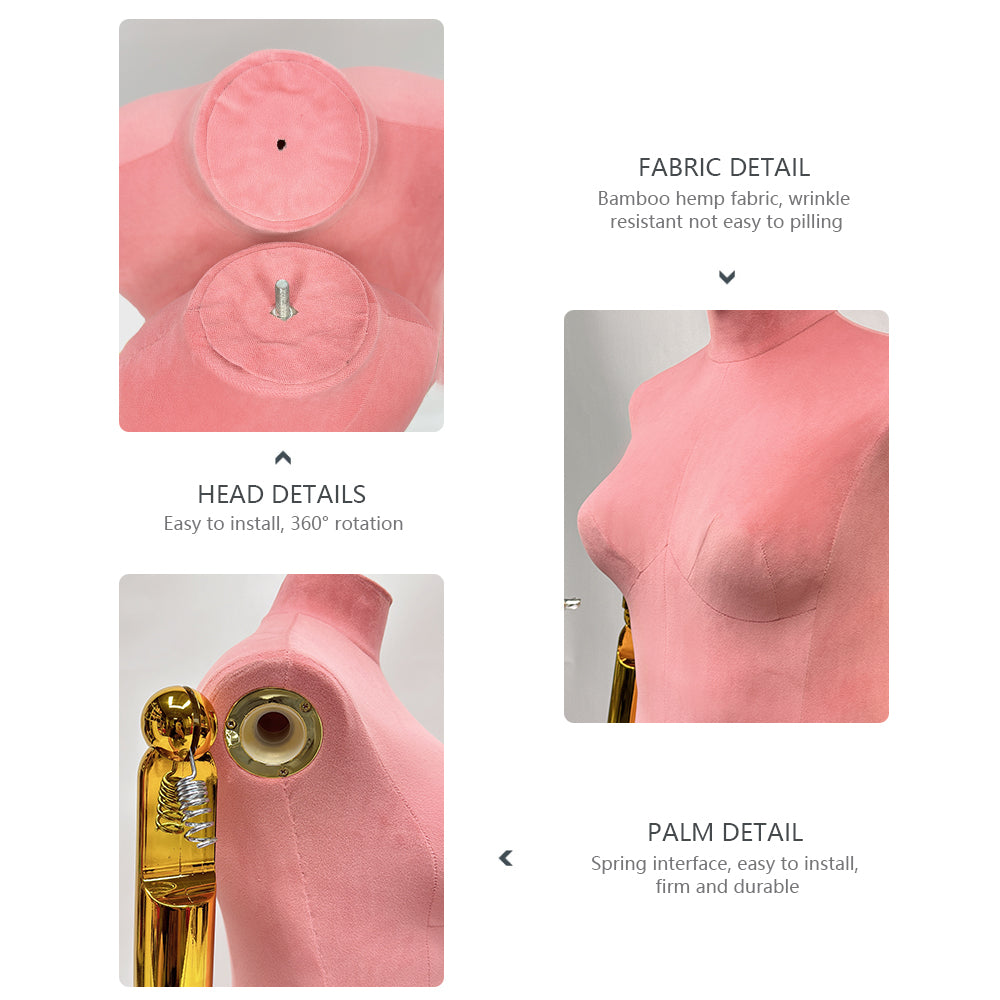 DE-LIANG Maniquí femenino de lujo de talla grande con brazos dorados, maniquí de torso de gamuza rosa, modelo de exhibición de torso de maniquí de talla grande