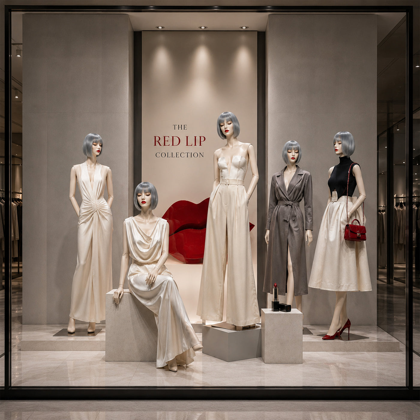 Red Lip female mannequins dressed in boutique fashion window display with standing and seated poses