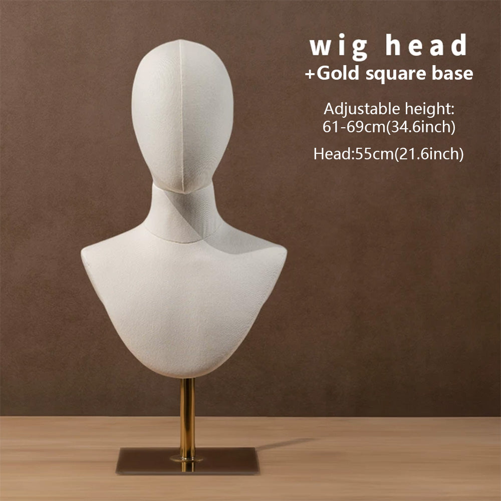 DE-LIANG Linen Mannequin Head Stand for Wigs Hats Scarves Display with Adjustable Base