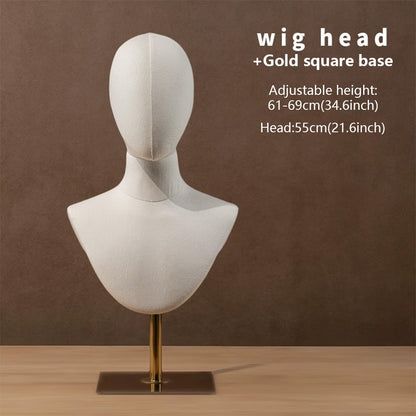 DE-LIANG Linen Mannequin Head Stand for Wigs Hats Scarves Display with Adjustable Base