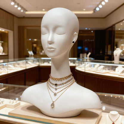 DE-LIANG Luxury Matte White Fiberglass Female Head Mannequin with Optional Metal Base for Jewelry Display Hat Wigs Dsipaly