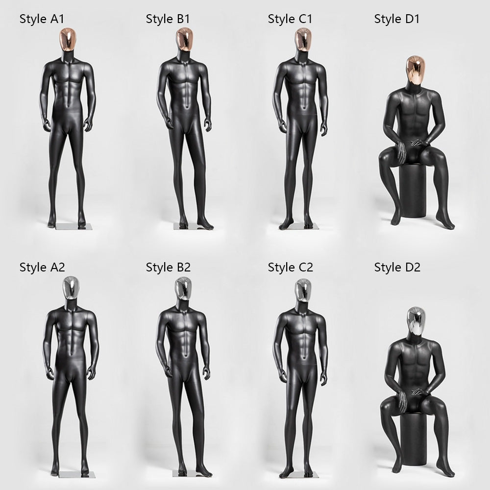 Matte Black Male Full-Body Mannequin With Plated Face, Male Full-Body Mannequin Display Props, Personalized Fashionable Sportswear Men's Clothing Window Display DL0036