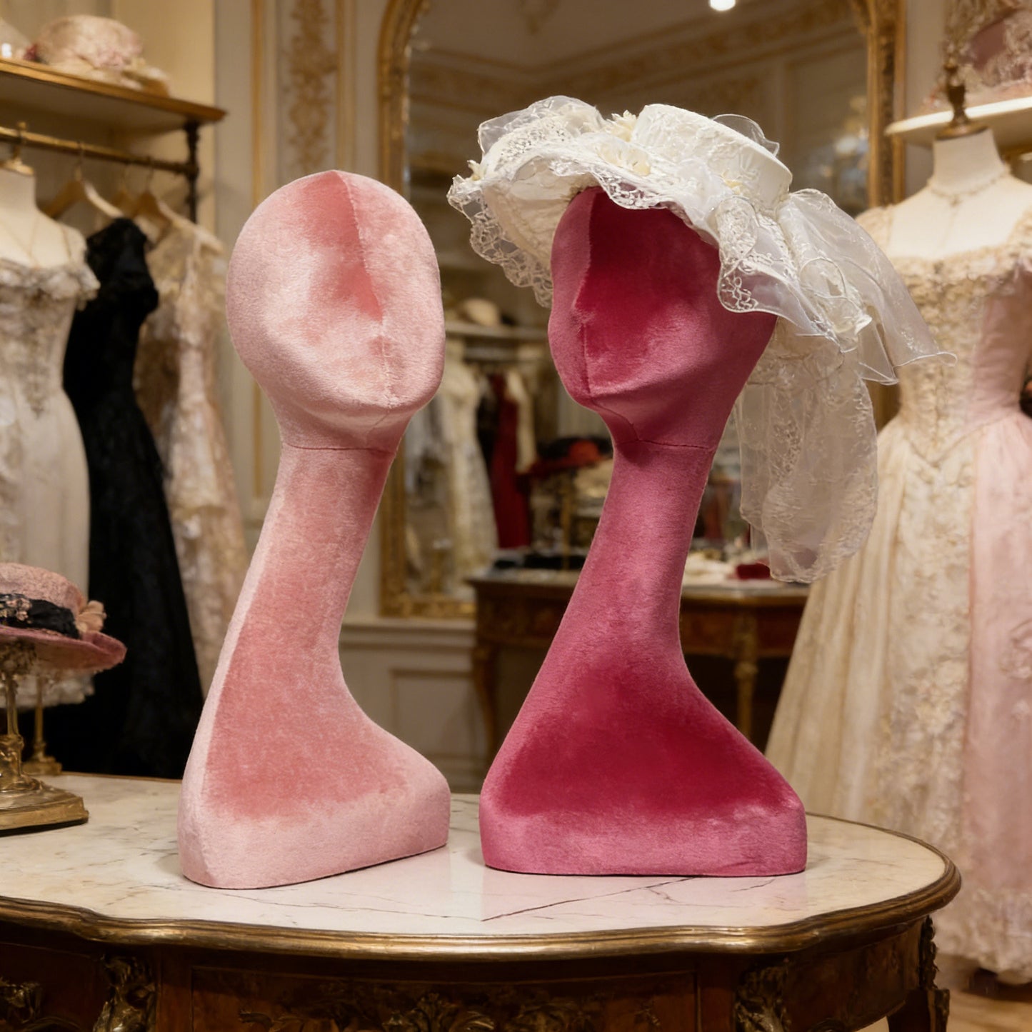 DE-LIANG Elegant Long Neck Velvet Female Mannequin Head, Rose Red/Light Pink Display Head for Wig Shops Jewelry Stores Boutiques Photography*1pcs