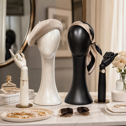 DE-LIANG Pearlescent Mannequin Head & Wooden Hand Display Set for Jewelry, Fashion & Retail