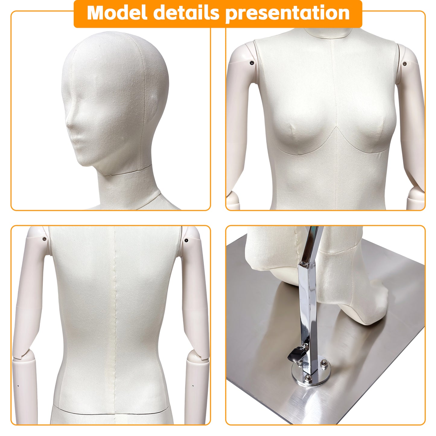 DE-LIANG Luxury Full Body Female Mannequin Set,Fabric Covered Retail Display Mannequins with Arms & Metal Base,Window Display, Boutique Clothing Form, Retail Visual Merchandising