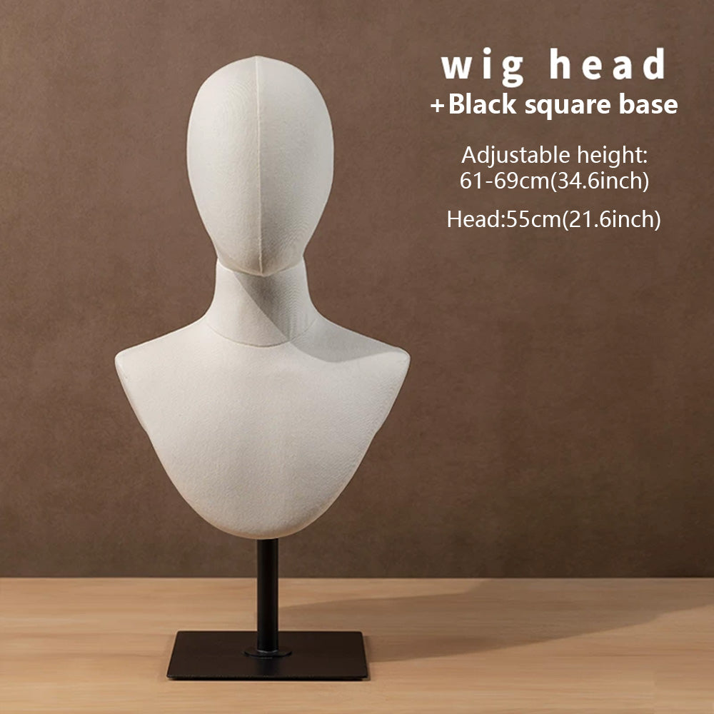 DE-LIANG Linen Mannequin Head Stand for Wigs Hats Scarves Display with Adjustable Base