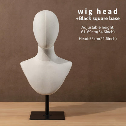 DE-LIANG Linen Mannequin Head Stand for Wigs Hats Scarves Display with Adjustable Base