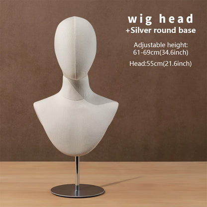 DE-LIANG Linen Mannequin Head Stand for Wigs Hats Scarves Display with Adjustable Base