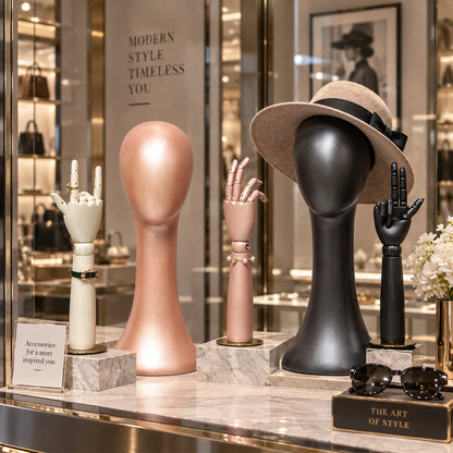DE-LIANG Pearlescent Mannequin Head & Wooden Hand Display Set for Jewelry, Fashion & Retail