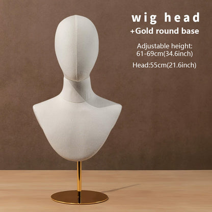 DE-LIANG Linen Mannequin Head Stand for Wigs Hats Scarves Display with Adjustable Base