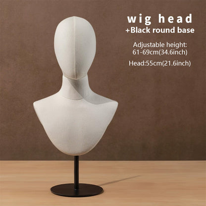 DE-LIANG Linen Mannequin Head Stand for Wigs Hats Scarves Display with Adjustable Base