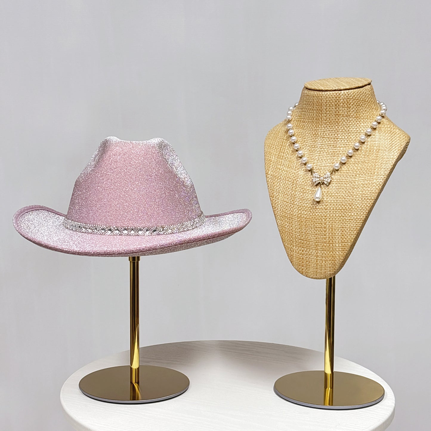 DE-LIANG Woven Rattan Necklace Bust & Hat Display Stand – For Jewelry and Hat Display