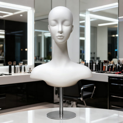 DE-LIANG Luxury Matte White Fiberglass Female Head Mannequin with Optional Metal Base for Jewelry Display Hat Wigs Dsipaly