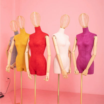 DE-LIANG Female Suede Mannequin With Golden Metal Head, Elegant Female Half Body Clothing Rack For Fashioin Store, Apparel Hanger Dummy DL0062 DE-LIANG