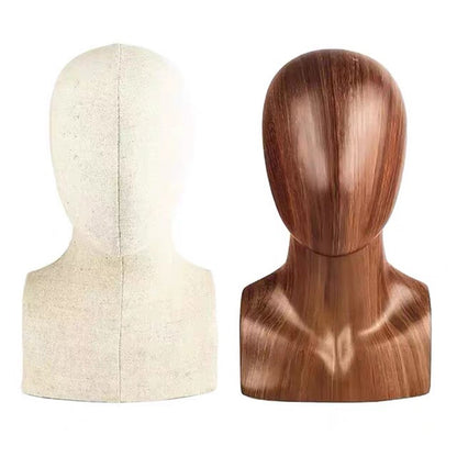 DE-LIANG Linen & Wooden Head Model Display Stand — Jewelry, Wig & Hat Display Mannequin Head | Boutique Countertop Mannequin Bust for Necklaces, Hats, Wigs & Accessories