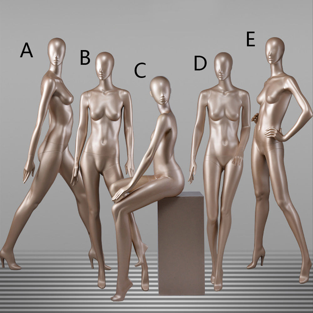 DE-LIANG Glossy Champagne Full Body Female Mannequins with Facial Features– Luxury Fiberglass Dress Form Display Dummy for Boutique Window, Clothing Store & Fashion Showcase