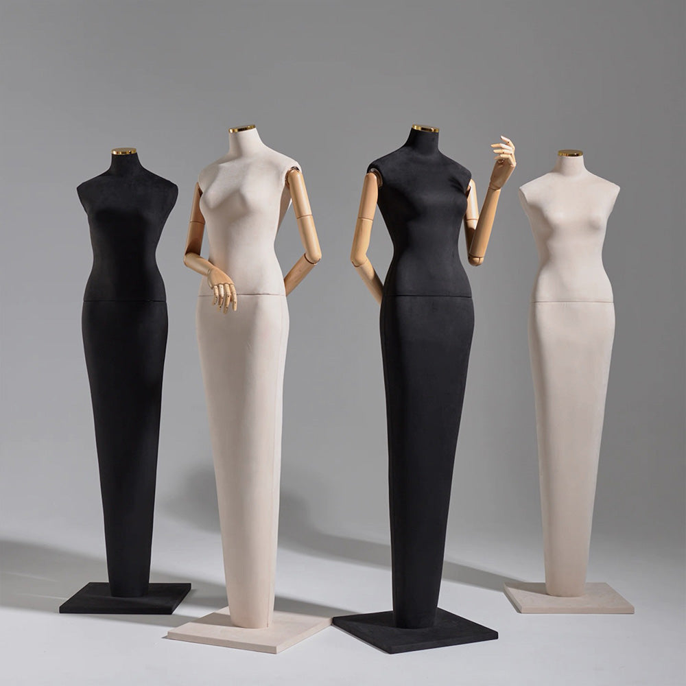 DE-LIANG Luxury Suede Female Mannequin with Articulated Wooden Arms - Modern Tapered Column Base for High-End Boutique & Couture Display