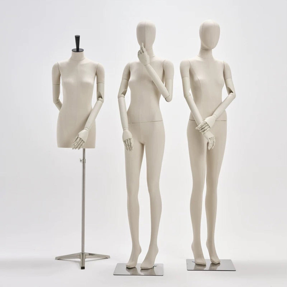 DE-LIANG Beige Linen Female Full/Half Body Mannequin,Flexible Wooden Arms, Dress Form Display Model with Stand, Perfect for Fashion Showrooms & Window Displays