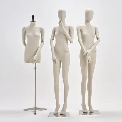 DE-LIANG Beige Linen Female Full/Half Body Mannequin,Flexible Wooden Arms, Dress Form Display Model with Stand, Perfect for Fashion Showrooms & Window Displays