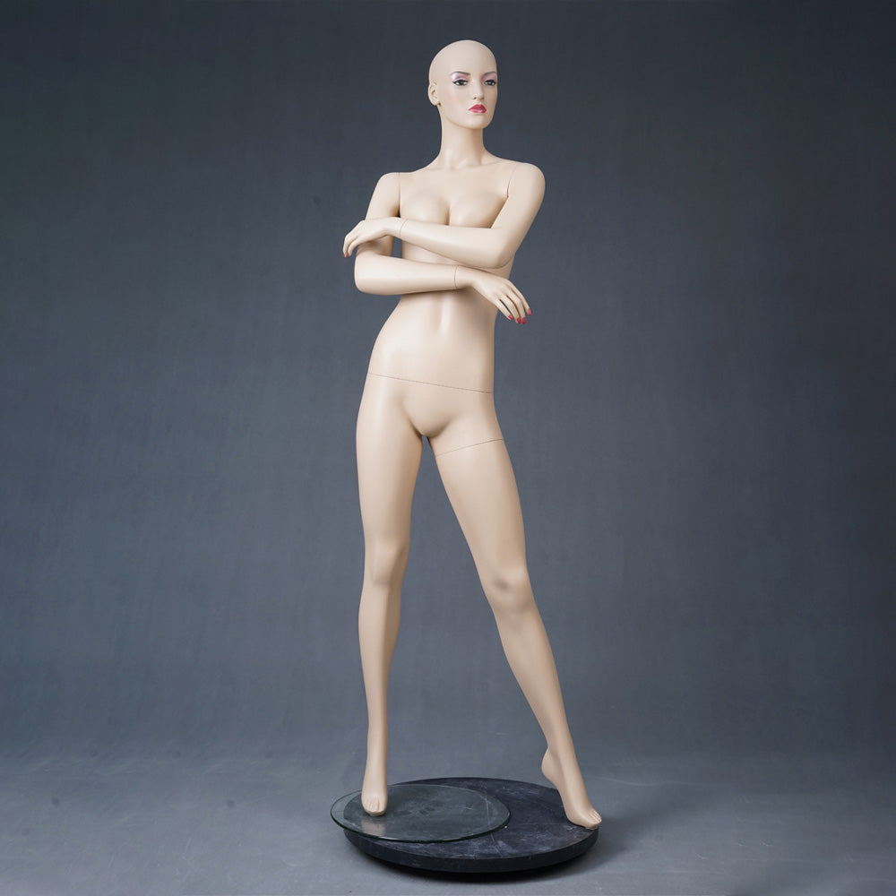 DE-LIANG Realistic Female Full Body Mannequin with Makeup Face, Nude Fiberglass Dress Form Display for Clothing Store & Boutique Window
