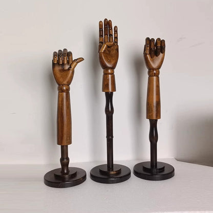 Main de mannequin en bois marron vintage tendance, présentoir pour mains droites et gauches flexibles, présentoir pour gants, bagues, montres, lunettes, bijoux