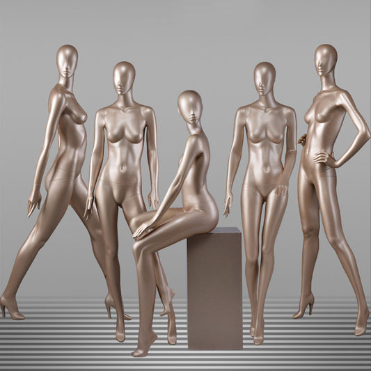 DE-LIANG Glossy Champagne Full Body Female Mannequins with Facial Features– Luxury Fiberglass Dress Form Display Dummy for Boutique Window, Clothing Store & Fashion Showcase