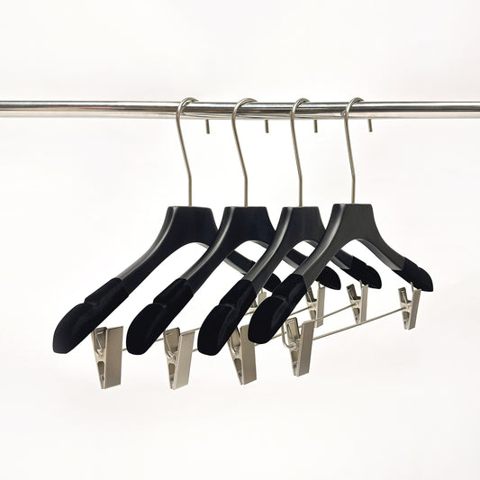 Black Velvet Wooden Clothes Hanger,Solid Wood Coat Jacket, Pants,Suit Hangers with Round Hook, No Logo, Price for 50pcs