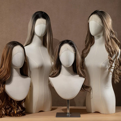 DE-LIANG Linen Mannequin Head Stand for Wigs Hats Scarves Display with Adjustable Base