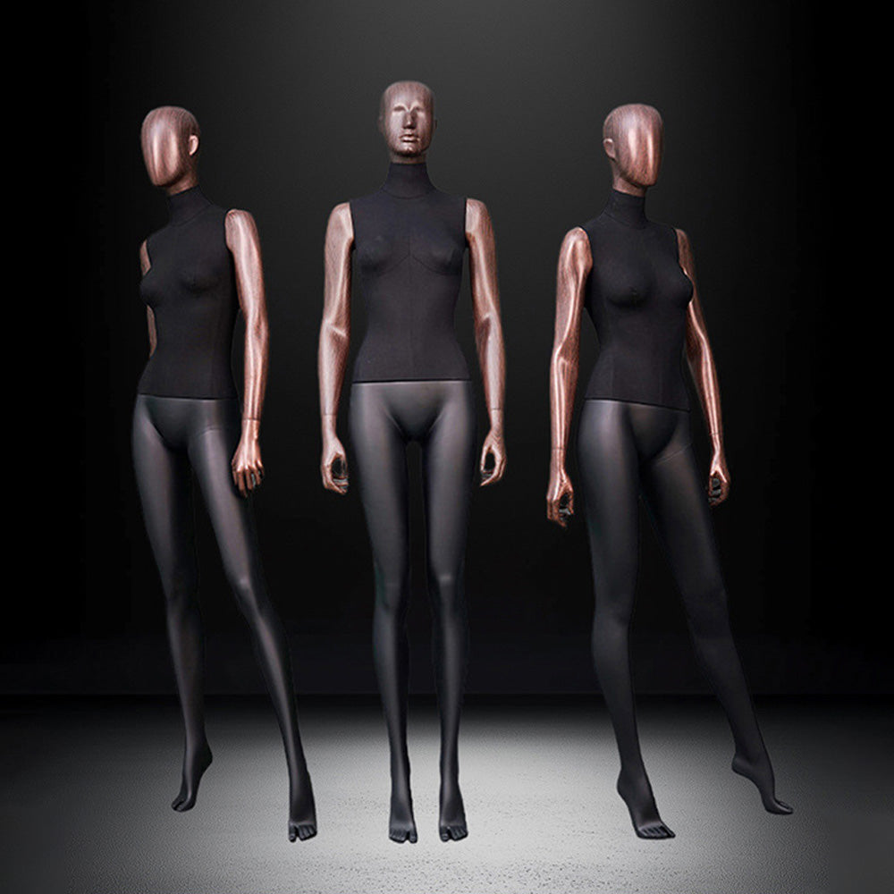 DE-LIANG Female Full Body Mannequin with Rose Gold Arms,Abstract Head Fiberglass Display Model,Black Fashion Boutique Window Display Mannequin for Clothing Stores