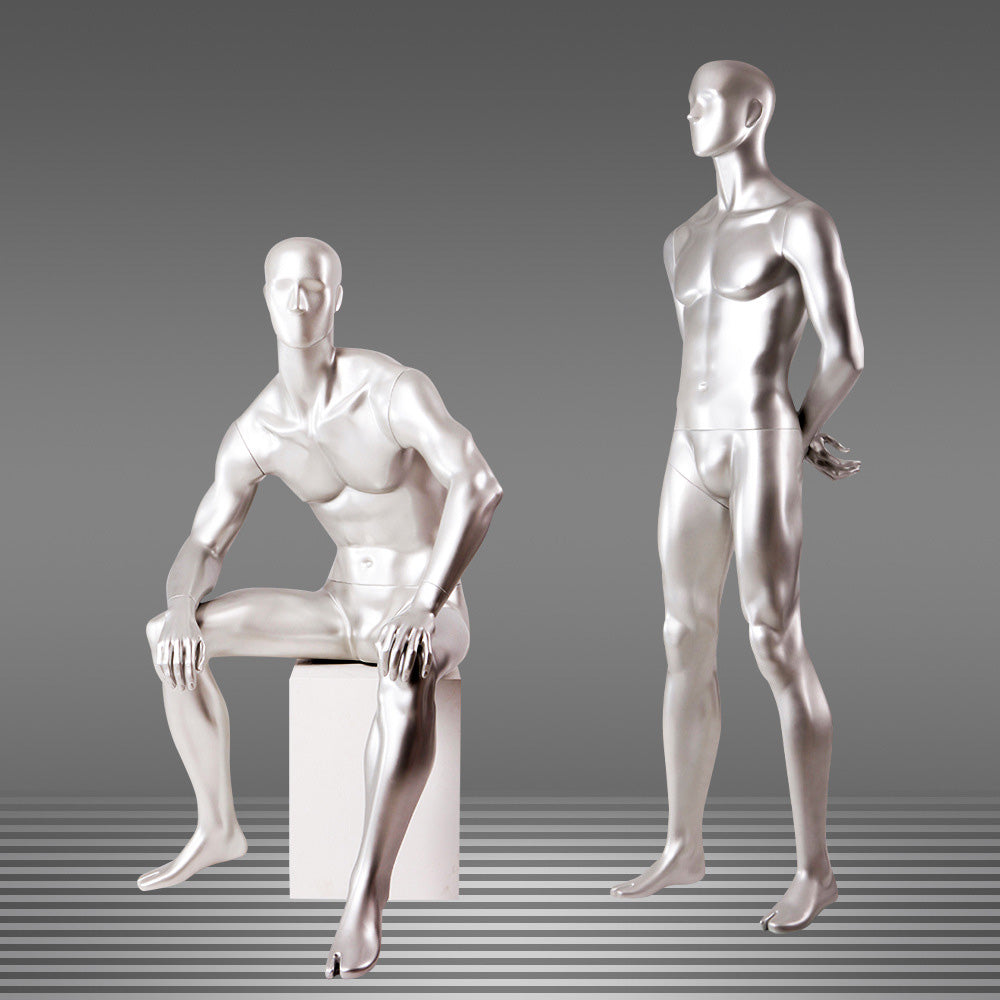 DE-LIANG Male Full Body Mannequins Set | Silver Fiberglass Dress Form Display with  Arms | Standing & Sitting Male Mannequin for Clothing Store Window Display