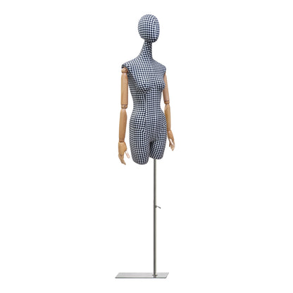 Fashion Female Fabric Mannequin, Woman Half Body Display Plaid Cloth Long Neck Twist Head Model Dressform with Wooden Arms, Linen Fabric, - De-Liang Dress Forms