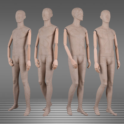 DE-LIANG Male Linen Mannequin with Wooden Arms | Full Body Fabric Display Torso for Clothing Store & Window Display