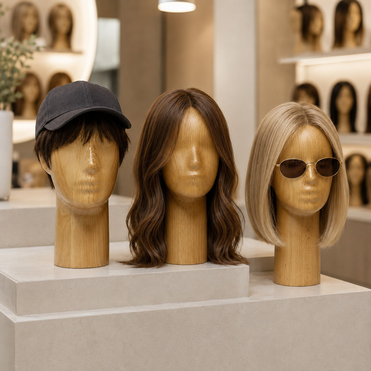 DE-LIANG Wooden Mannequin Head Stand for Hats Wigs & Glasses | Beechwood Display Model