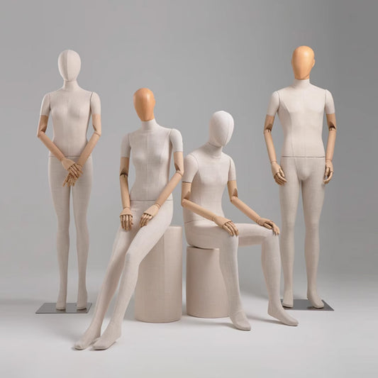 DE-LIANG Linen Full Body Mannequin: Sitting Display Form with Wooden Arms