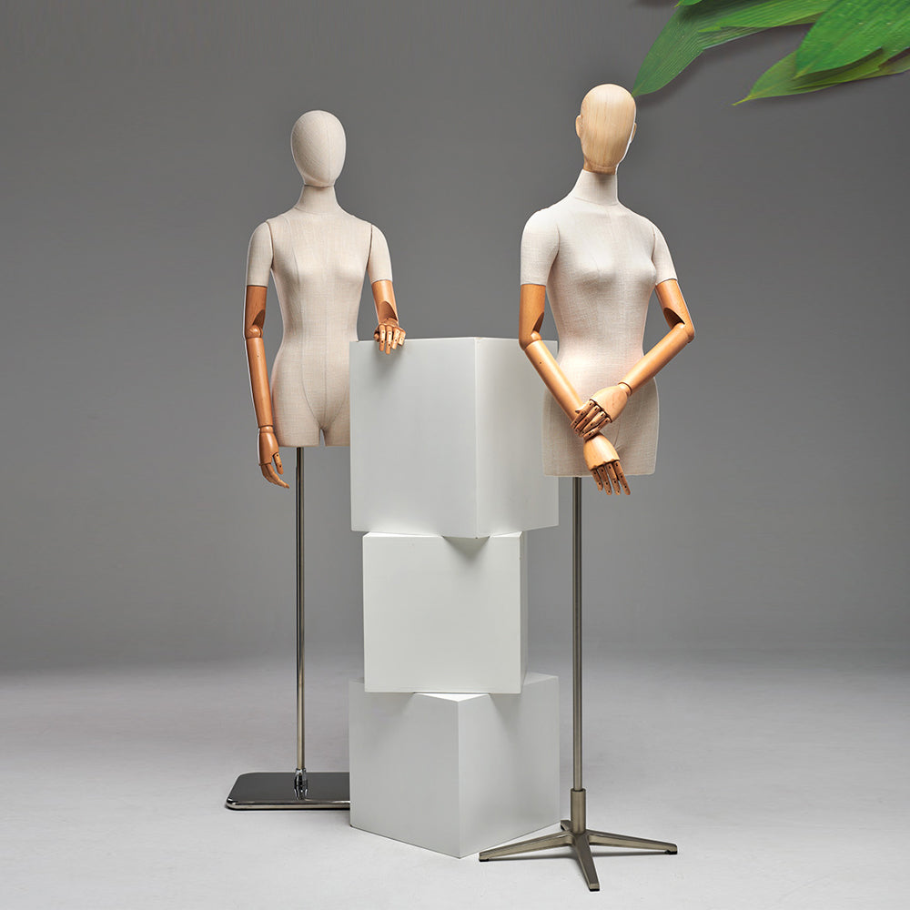 Luxury Female Male Dress Form, Linen Display Mannequin with Wooden Head Model for Fashion Cloth Dressmaker Dummy. Square Silver Base DE-LIANG