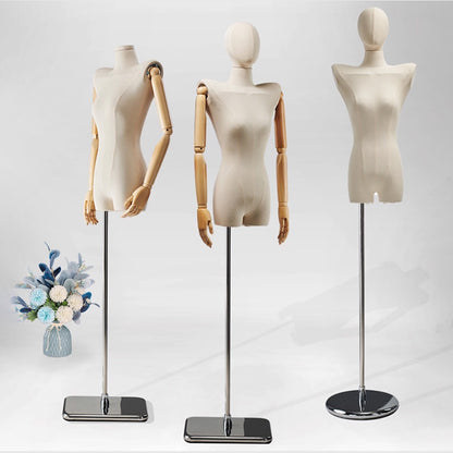 DE-LIANG Female Half Body Mannequin Torso with Wooden Arms & Metal Base