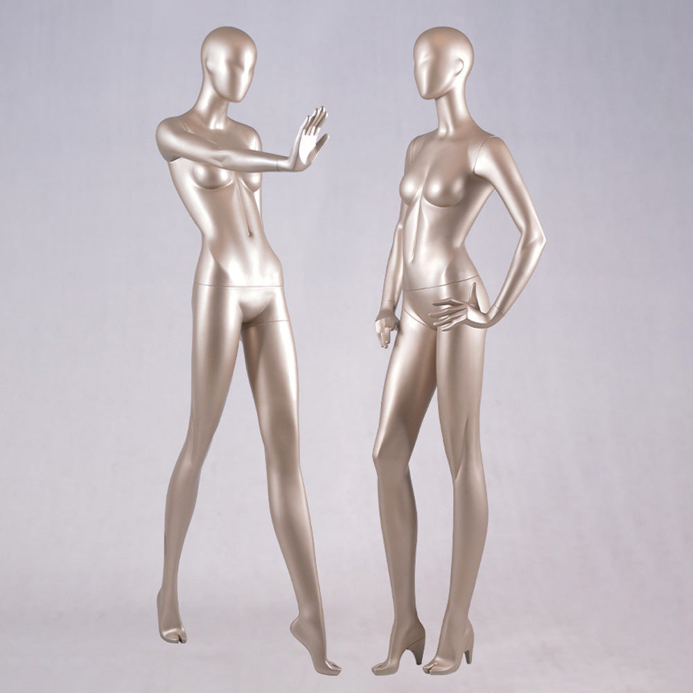 DE-LIANG Glossy Champagne Gold Female Full Body Mannequin Set – Abstract Head Fiberglass Display Model for Boutique Window, Clothing Store Dress Form Props, Standing & Sitting Fashion Mannequins