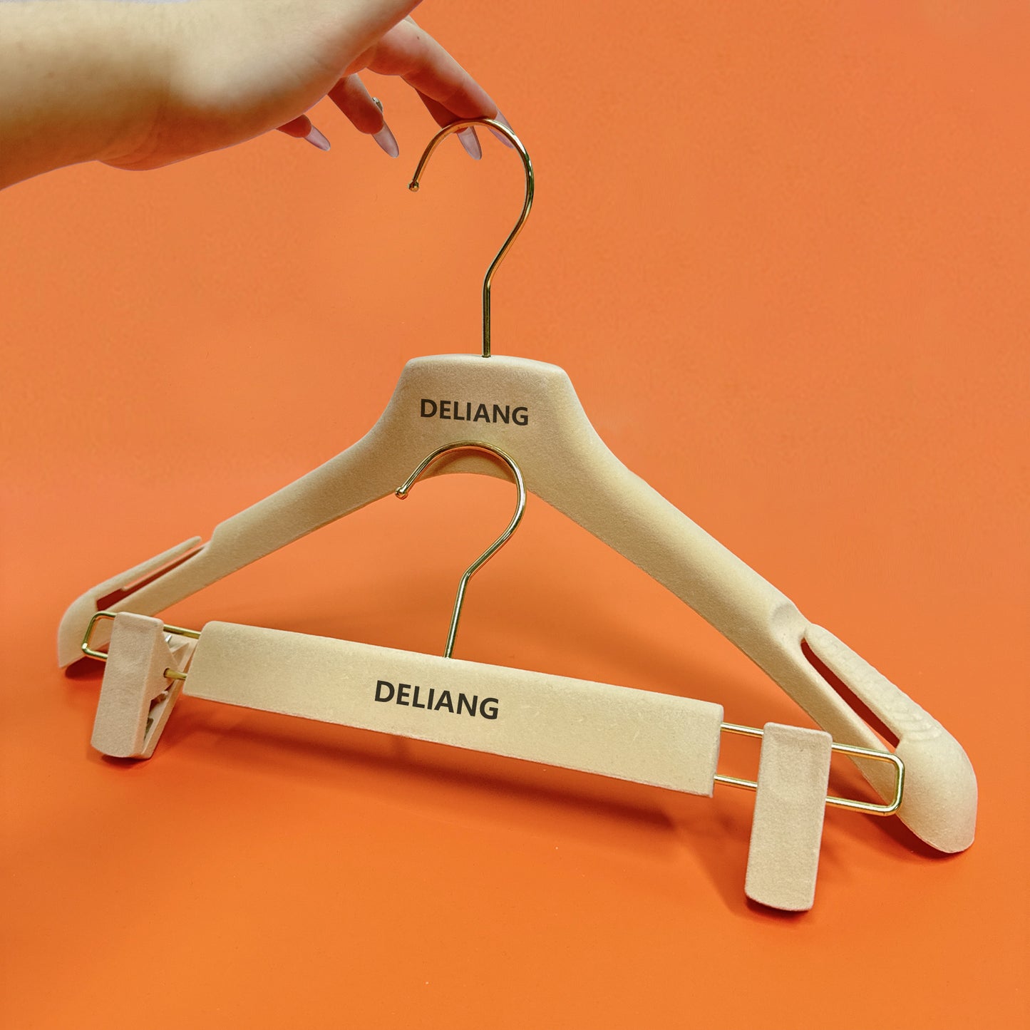 DE-LIANG Beige Velvet hanger/trouser hanger, hollow shoulder anti-slip design,Evening Dress Hanger with Customize Logo,50pcs/Ctns For Sales