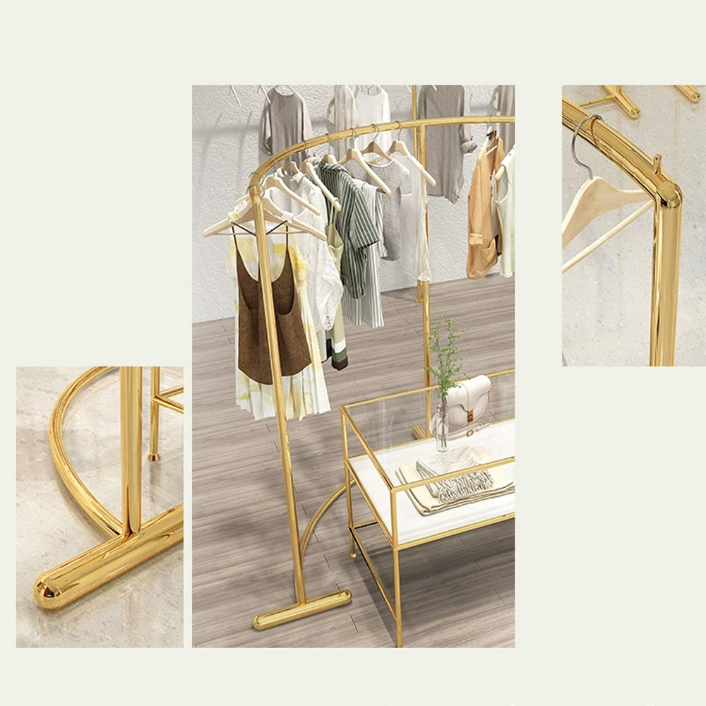 Arc Clothing display stand, Titanium Gold Stainless Steel Floor Apparel Clothes Hanger,Island Table Display Shelves , Glass Desk Displ Stand - De-Liang Dress Forms