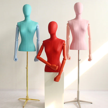 DE-LIANG Leather Female Half Body Mannequin with Arms & Gold Base – Luxury Dress Form Torso, Fiberglass Display Model for Boutique Clothing, Jewelry & Fashion Window Display